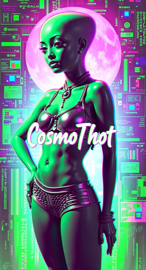 Prompt: Feature TEXT: the word “CosmoThot” in glitched-out, glitchy lettering. Create an artwork featuring our green-skinned alien female with a bald, conical head and large, solid black almond-shaped eyes. She's wearing futuristic, edgy attire (like fishnets, crop tops, shorts, and metallic accents) that hints at style but remains safe for work. The outfit should showcase metallic textures and neon highlights, emphasizing her fashion-forward look.

The alien is posing, exuding confidence and charm. Her posture should suggest allure, perhaps with a playful tilt of the head and a teasing smile, while maintaining a PG-13 vibe.

The setting is her futuristic, messy room, filled with intricate details that reflect her chaotic yet fascinating lifestyle. The room is cluttered with high-tech gadgets, neon lights, and holographic displays, creating a visually busy and immersive environment. Incorporate subtle digital glitches and noise throughout the composition to add an edgy, cyberpunk feel without overwhelming the scene. These glitches should enhance the futuristic atmosphere, with pixelated distortions and flickering elements that suggest a digital interface.

Include the text "CosmoThot" prominently in the design, using a bold, cyber-inspired font that fits the theme. Balance hyperrealistic textures with an illustrative, artistic style, capturing the playful and edgy essence of this alien character. Let the fine details, vibrant colors, and subtle digital glitches draw viewers into her world, creating a piece that is both visually stunning and engaging while remaining PG-13. 🌌👽✨

---

I toned down some of the descriptions and rephrased a bit. Hopefully, this version will pass through without any issues. Let me know if you need further adjustments!