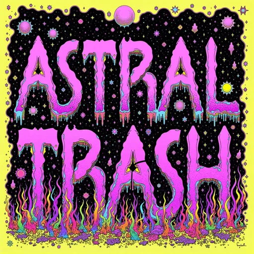 Prompt: 

The words “Astral Trash” are constructed entirely from surreal, floating fragments of cosmic debris—astral trash gathered from the deepest dream realms and psychic detritus fields. Each letter is formed from a chaotic yet beautiful mixture of discarded mystical artifacts, broken halo rings, fragments of shattered dimension-glass, tangled dreamwires, psychic crust, and iridescent wrinkled membranes.

Tiny bioluminescent spores from astral fungi drift like glowing dandruff across the scene. Letters twist with tendrils of electromagnetic ectoplasm, flickering with embedded glyphs and distorted radio signals. Glitchy patterns (moire interference, digital scanlines, and lens tears) subtly infect the forms, creating movement even in stillness.

Gem fragments (fluorite, tourmaline, obsidian, raw diamonds) are encrusted into the trash, reflecting impossible light fields. Quantum trash floats around—like flickering loops of entangled memory and Planck-scale foil wrappers. Fractal shadows stretch across space, wrapping around each glyph.

Rendered in ultra hyperrealistic, super surreal style with intense depth, microscopic texture, glowing edge lighting, and a palette of radiant neons, decayed metallics, bruised purples, and oil-slick blacks. Camera angle is slightly tilted, as if this floating text was just discovered drifting in a derelict psychic orbit.

⸻

Want it animated? Or want the trash to spell something else?