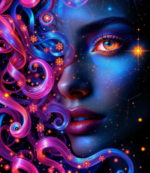Prompt: Her face is a modular masterpiece—cheekbones traced with the shimmer of moonshine symmetry, every angle tuned to a hidden harmonic. Newton fractal veins glow faintly beneath translucent skin, shifting in color with each emotion. Her eyes burn with prime number fire, irises tiled in Penrose symmetry, blinking with curved light logic. Laughter echoes in Hilbert paths across her cheeks—space-filling joy spirals, soft and bright. Hair spills around her in radiant pink curls, styled by quasiperiodic forces and recursive wave equations—each strand flowing in luminous fractal tension. Geometry pulses at the hairline, recursive symbols glinting in neon mathdust. She is wrapped in hyperbolic aura-rings, layered in color-feedback like living topology, her presence refracting sacred math through joy, emotion, and colorfields.”

⸻

Visual Keywords:
Modular face symmetry, Newton glow skin, Penrose-tiled irises, Hilbert smile trails, pink recursive curls, fractal symbol halo, hyperbolic color aura, neon mathdust, prime fire eyes