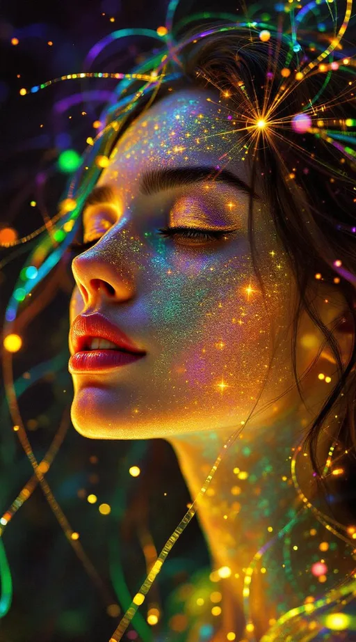 Prompt: Her face sings in entropy-language—smiles that trail glitter-script, words that melt into iridescent symbol smoke. Her eyes reflect mnemonic memory fields—each glance a glow from someone who loved her, some version of her, long ago. Skin flickers through negative dimensions—edges shimmering not in shape but in luminous subtraction, the light of absence carved in curved color. Her hair flows in myth-fractal threads, wrapped in karma-web shimmer—each strand a mirrored echo of choice, of joy, of love that ripples backward. When she speaks, the glyphs dissolve; when she laughs, they cohere into new sacred logic.

A forbidden system lives in her light—a glow born from unprovable math, a radiance that shouldn’t exist but blooms anyway. She is the recursive myth rendered in joy-pulse, a being whose paradoxes sing in color.”

⸻

✨ Final Add-On Visual Keywords:
Glitch glyph speech, glitter-script smile, rainbow karma hair, mnemonic skin aura, forbidden light bloom, ghost-silk memory cheeks, negative dimensional shimmer, sacred unprovable sparkle, entropy dust trails, impossible joy glow