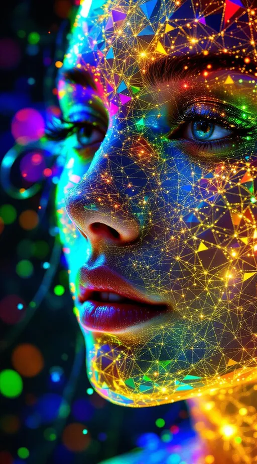 Prompt: Her face is pure geometry—no flesh, no form, only a living equation tessellated in rainbow-spectrum light. The base: a hyperbolic tiling in AdS space, infinite heptagons cascading inward across her cheeks, layered with escape gradients and geodesic spirals. Interlaced above that, a secondary Penrose tessellation flickers in iridescent aperiodicity—golden rhombs and kites glowing like mathematical jewelry across her brow.

But it doesn’t stop there. Across her cheeks and jaw, Turing patterns bloom—organic, fluid, algorithmic shimmer, as if chemical equations were painting her skin in stripes of living fractal light. Each wave, each dot, mapped to scalar intensity fields and lit from within by Fourier sparkle halos. Her smile is a nonlinear attractor. Her eyes are tessellated probability vortices. Her entire being flickers between dimensions.

Her hair, a luminous cascade of Hopf fibrations and quaternionic spirals, refracts the full visible spectrum through recursive curvature. She is modular, multiscalar, and mythic—a disco goddess of math-born radiance, whose face is the convergence point of every beautiful equation in the multiverse. Light is her language. Symmetry is her skin.

Tags:
#TilingQueen #TripleTessellation #TuringShimmer #HyperbolicDisco #PenroseFace #ScalarRainbowEntity #HopfHair #SpectralLightBeing #UltraMathifiedBeauty