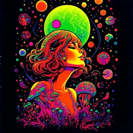 Prompt: <mymodel>Vintage 70s black light poster art illustration, girl hallucinating in space, psychedelic mushrooms, planets, moons, stars, fractals, vibrant colors, intense black light effects, detailed psychedelic girl, cosmic atmosphere, high quality, psychedelic, vintage, space, vibrant colors, fractal details, hallucination, girl illustration, retro art style, cosmic lighting