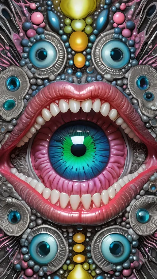 Prompt: an extremely hyper realistic ultra super textural weird trippy surreal psychedelic entity, Cardioid Curves, ,,, translucent, pearlescent finish, silver, pyrite, quartz,, chrome, bright vivid teals, blues, pinks/yellows/greens, black charcoal, lots and lots of light, lots of crazy colorful compound psychedelic human eyes, rows of human teeth, human lips, tongues, fungus,  atoms, diatoms,, Cardioid Curves