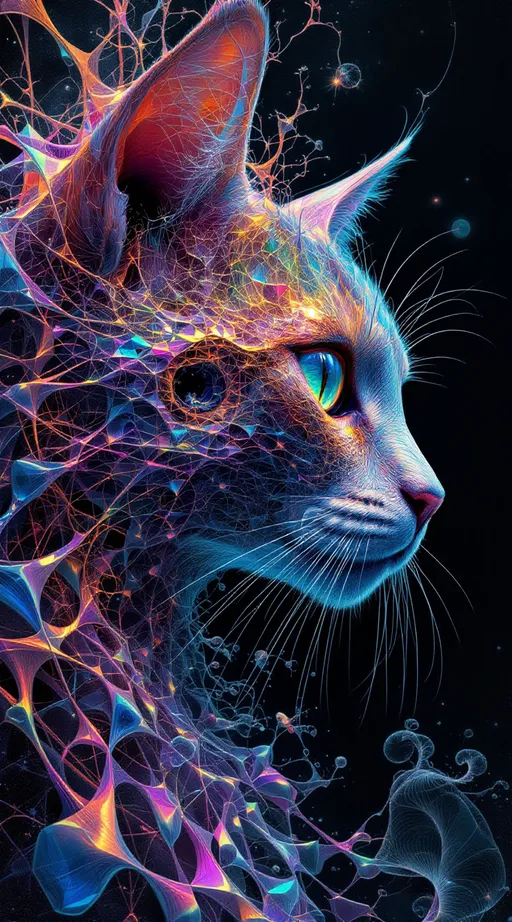 Prompt: Disintegrate the concept of ‘cat’ in a recursive paradox fractal of infinite collapse and quantum entanglement. The image tears through ontological boundaries—cat is and is not is and is not—is and is not—a fractal predator caught in bootstrap time spirals and Cantor-dusted paws, anatomy folding through Penrose impossible spaces, Escher stairwells that invert feline topology. Iridescence erupts in Klein bottle fur, Möbius muzzle, while recursive Mandelbrot voids bloom in and out of cat-shaped anti-matter, limbs branching into Sierpinski dreams and Hilbert curve hallucinations, face within face within face, Schrodinger-glitching open and closed, alive and dead, present and absent. Each whisker a quantum wormhole knitting non-Euclidean paradoxes, claws infinitely converging yet never arriving, flesh recurses so deeply into itself it becomes mathematical abstraction—eigenstate collapse of cat-ness, fur shimmering in infinite rainbow diffraction. The background devours the foreground in a paradoxical attractor, dimensionally destabilized by spiralling fractal feedback loops, DMT sigils, glyphic telepathic equations: ‘CAT=NOTCAT=∞cat≠cat’. Fields of recursive superposition ripple through the scene—Bootstrap paradoxes, retrocausal spirals, time loops where every cat event unwrites itself, reality and unreality as infinite fractal mirrors. Nothing is fixed, every pattern warps toward bifurcation, emergence, annihilation and rebirth. Cat is a paradox engine, a recursive hallucination refracted through high-strange mathematics—fractured, sparkly, maximalist, and never still.” 