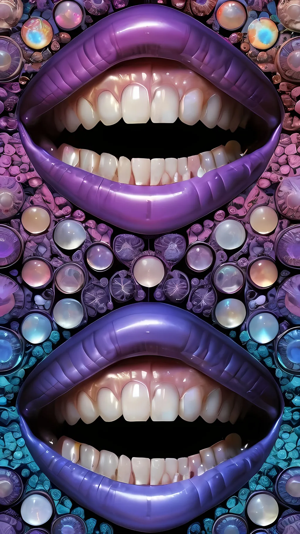 Prompt: Create an extremely hyper-realistic, ultra super textural, weird, trippy, surreal, psychedelic eyes/teeth/mouth pattern/design based on Mandelbrot & “Op Art tiling” with lots of human eyes (crazy colorful compound psychedelic), rows of human teeth, human lips, and tongues. 

- **Colors**: determined by the properties and expressions of the elements (& their isotopes), minerals, and metals: opal, moonstone, amethyst, rose quartz, Platinum (Pt)

**Shapes and forms**
- Mandelbrot 
- "Op Art tiling" 
-other shapes determined by the natural properties and expressions of the elements (& their isotopes), minerals, metals, and biological organisms: opal, moonstone, amethyst, rose quartz,  Platinum (Pt)


- **Textures**: Derived from any/all elements (& their isotopes), minerals, metals, crystals, organic things mentioned in this prompt: opal, moonstone, amethyst, rose quartz, Platinum (Pt)

**Composition and Layout**:
- a pattern/design based on the Op Art tiling & Mandelbrot 

**Lighting**:
- lots of bright light
- Phosphorescence

**Detail and Atmosphere**:
- Extreme hyperrealistic sharp high detail high definition organic and mineral textures
- Psychedelic, weird, odd, surreal atmosphere
- Frozen in time

**Additional Elements**:
- extra rows of teeth, lips, many eyes, Op Art tiling, Mandelbrot 
