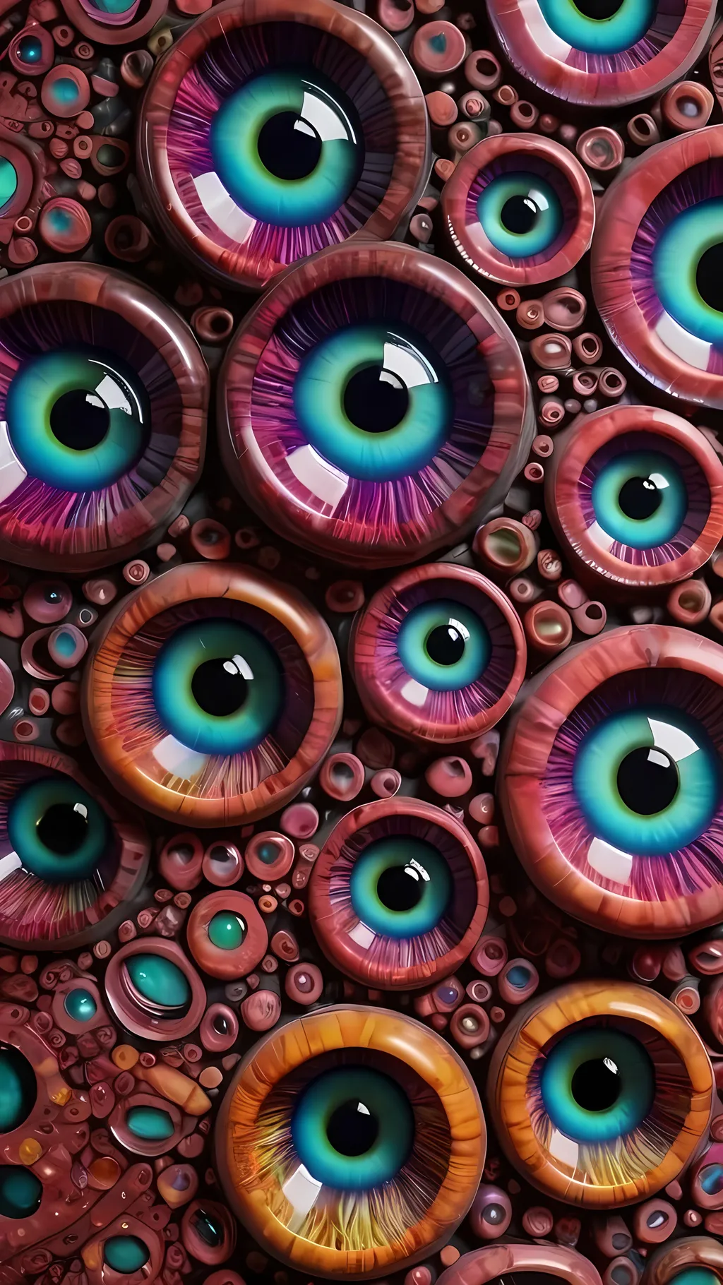 Prompt: Create an extremely hyper-realistic, ultra super textural, weird, trippy, surreal, psychedelic eyes/teeth/mouth pattern/design based on "Cladosporium fulvum", with lots of human eyes (crazy colorful compound psychedelic), rows of human teeth, human lips, and tongues. 

- **Colors**: determined by the properties and expressions of the elements (& their isotopes), minerals, and metals: Tourmaline, Rhenium (Re), Cladosporium fulvum

**Shapes and forms**
- "Cladosporium fulvum" 
-other shapes determined by the natural properties and expressions of the elements (& their isotopes), minerals, metals, and biological organisms: tourmaline,  Rhenium (Re); Cladosporium fulvum

- **Textures**: Derived from any/all elements (& their isotopes), minerals, metals, crystals, organic things mentioned in this prompt: "Cladosporium fulvum”, tourmaline, Rhenium (Re)

**Composition and Layout**:
- a pattern/design based on "Cladosporium fulvum"

**Lighting**:
- Phosphorescence

**Detail and Atmosphere**:
- Extreme hyperrealistic sharp high detail high definition organic and mineral textures
- Psychedelic, weird, odd, surreal atmosphere
- Frozen in time

**Additional Elements**:
- "Spirillum minus", extra rows of teeth, lips, many eyes,
