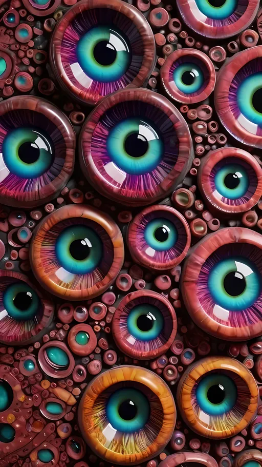 Prompt: Create an extremely hyper-realistic, ultra super textural, weird, trippy, surreal, psychedelic eyes/teeth/mouth pattern/design based on "Cladosporium fulvum", with lots of human eyes (crazy colorful compound psychedelic), rows of human teeth, human lips, and tongues. 

- **Colors**: determined by the properties and expressions of the elements (& their isotopes), minerals, and metals: Tourmaline, Rhenium (Re), Cladosporium fulvum

**Shapes and forms**
- "Cladosporium fulvum" 
-other shapes determined by the natural properties and expressions of the elements (& their isotopes), minerals, metals, and biological organisms: tourmaline,  Rhenium (Re); Cladosporium fulvum

- **Textures**: Derived from any/all elements (& their isotopes), minerals, metals, crystals, organic things mentioned in this prompt: "Cladosporium fulvum”, tourmaline, Rhenium (Re)

**Composition and Layout**:
- a pattern/design based on "Cladosporium fulvum"

**Lighting**:
- Phosphorescence

**Detail and Atmosphere**:
- Extreme hyperrealistic sharp high detail high definition organic and mineral textures
- Psychedelic, weird, odd, surreal atmosphere
- Frozen in time

**Additional Elements**:
- "Spirillum minus", extra rows of teeth, lips, many eyes,
