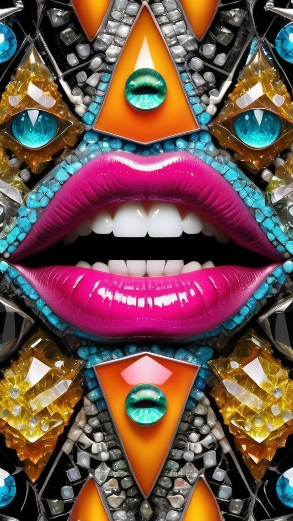 Prompt: Create an extremely hyper-realistic, ultra super textural, weird, trippy, surreal, psychedelic pattern/design based on crystal tiling, with lots of human eyes (crazy colorful compound psychedelic), rows of human teeth, human lips, and tongues. Include mineral crystal accents.

- **Colors**: Inspired by the elements, minerals, and metals: neon, peridot, citrine, tourmaline, pyrite, silver.

- **Textures**: Derived from any/all organic elements, minerals, metals, crystals, organic things mentioned in this prompt.

**Composition and Layout**:
- Spherical layout/composition
- crystal tiling
- hyperbolic forms and structures
-zoomed out creating a surreal pattern/design using arabesque tiling

**Lighting**:
- Lots of bright light

**Detail and Atmosphere**:
- Extreme hyperrealistic sharp high detail high definition organic and mineral textures
- Psychedelic, weird, odd, surreal atmosphere
- Frozen in time

**Additional Elements**:
- Diatoms, extra rows of teeth, lips, many eyes,fungus

Capture this scene using Canon EF 70-200mm t/2.8L IS III USM film