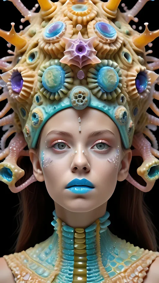 Prompt: Extremely hyperrealistic ultra textural trippy surreal beautiful but odd unsettling psychedelic creature- a psychedelic diatomaceous creature entity queen crown jewelry cape with lots of crazy psychedelic human compound eyes, rows upon rows of human teeth.  head, face, body, limbs, fungus, Mandelbrot, oil slick rainbow sheen effect, holographic, hologram, translucent, vivid colors white, tons and tons of light, bright pastel colors, Gyroid Structures. Diatoms: bacillariophyta, siliceous, valves, girdle bands, raphe, striae, puncta, areolae, costae, rimoportula, fultoportula, chloroplasts, auxospore, epitheca, hypotheca, mucilage, frustule symmetry, valve morphology, pennate diatoms, centric diatoms, motile, non-motile, biofilm, epiphytic, epilithic, epipsammic, biogenic silica, diatomaceous earth, primary producers, carbon fixation, biogeochemical cycles, diatom blooms, paleoecology, nanostructures, microalgae, environmental indicators, aquatic ecosystems. geometric, symmetrical, radial, bilateral, elongated, circular, triangular, oval, star-shaped, pennate, centric, intricate, lattice-like, perforated, silica, frustules, ornate, microscopic, diverse, varied, delicate, transparent, golden-brown, pillbox-shaped, chain-forming, solitary, colonial, planktonic, benthic,