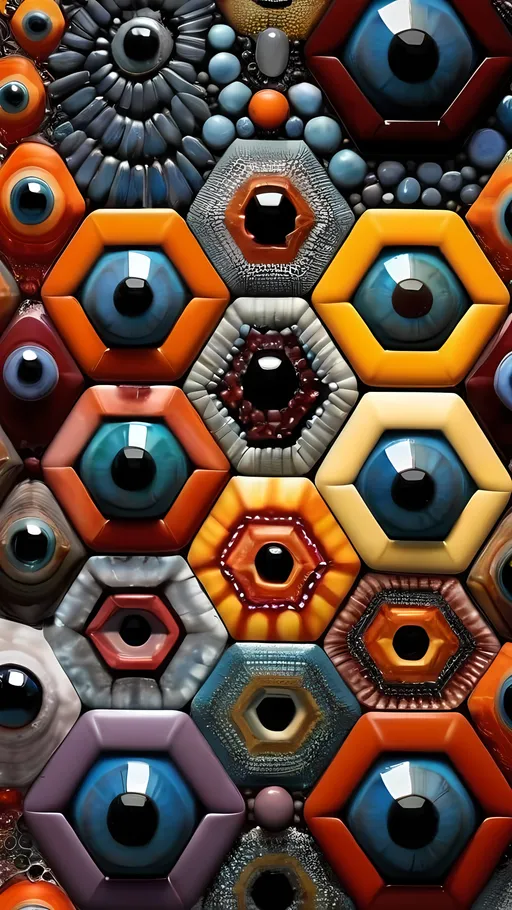 Prompt: Create an extremely hyper-realistic, ultra super textural, weird, trippy, surreal, psychedelic eyes/teeth/mouth pattern/design based on “Sierpiński Hexagon” & “Op Art tiling” with lots of human eyes (crazy colorful compound psychedelic), rows of human teeth, human lips, and tongues. 

- **Colors**: determined by the properties and expressions of the elements (& their isotopes), minerals, and metals: Tantalum (Ta), “Fusarium verticillioides”, Hematite, Crocoite, garnet, Trichroism

**Shapes and forms**
- “Sierpiński Hexagon”
- "Op Art tiling" 
-other shapes determined by the natural properties and expressions of the elements (& their isotopes), minerals, metals, and biological organisms: diatoms, Tantalum (Ta), Hematite, Crocoite, garnet 


- **Textures**: Derived from any/all elements (& their isotopes), minerals, metals, crystals, organic things mentioned in this prompt: Tantalum (Ta), “diatoms”, Hematite, Crocoite, garnet

**Composition and Layout**:
- a pattern/design based on the Op Art tiling & “Sierpiński Hexagon”  

**Lighting**:
- Trichroism


**Detail and Atmosphere**:
- Extreme hyperrealistic sharp high detail high definition organic and mineral textures
- Psychedelic, weird, odd, surreal atmosphere
- Frozen in time

**Additional Elements**:
- extra rows of teeth, lips, many eyes, diatoms, Op Art tiling, “Sierpiński Hexagon” , Aventurescence, Chatoyancy
