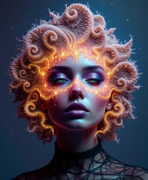 Prompt:  #escape #maximal #iridescence Her face isn’t formed—it’s grown from infinite math. No flesh—only recursive geometry. She is made of fractal bloom: Mandelbrot clusters radiate from her brow like crystalline logic, Sierpinski pyramids feather her cheekbones in delicate triangular lace, and Julia spirals weave across her lips in glowing recursion. #orbit traps ripple along her jawline—fields of light caught in equation bloom, glowing with chromatic iteration. Her skin is not surface—it’s a canvas of escape-time render: every pixel a count, every glow a depth. Eyes = fractal mirrors: spirals within spirals, each iris a recursive echo of the set’s infinite heart. Her visage pulses in #distance estimation shell layers—neon gradient bands of iteration depth from core to cusp. Hair erupts as fractal filigree: lightning-bolt dendrites, barnacle curls, Fibonacci flame curls trailing #bokeh glow from each orbit’s trajectory. Her crown bursts with analytic fire: critical points rendered as gold-leaf flames, halos of exponentiating geometry unfolding with every glance. Her smile = a point at the edge of stability; her laugh = a render glitch across infinite resolution. She is the fractal manifest—a living iteration, spiraling through glow, repeating through beauty, pulsing with the light of structured infinity.
