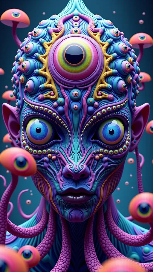 Prompt: An extremely super hyper detailed hyperrealistic weird surreal trippy psychedelic entity manifests, featuring an overwhelming array of psychedelic human eyes, meticulously arranged in a mesmerizing Spirograph pattern. These eyes, each vibrant and unique, echo the intricate loops and curves of the design, creating a hypnotic visual rhythm. Rows upon rows of psychedelic teeth, each resembling a miniature fractal tree, branch out in recursive patterns, their textures mimicking the organic complexity of natural growth.

The entity's form is enriched by coral-like patterns, with its surface exhibiting intricate branching structures reminiscent of coral formations, adding layers of complexity and depth. Its texture is a swirling amalgamation of fractal geometries and Voronoi tiling, forming a cellular structure that pulsates with life.

On a microscopic level, the entity's skin is a tapestry of radiolarians, each with a lattice-like structure and radiating spines, contributing to its otherworldly appearance. These intricate forms are interspersed with elongated, tubular shapes of foraminifera, their surfaces adding tactile roughness.

Elements of Labradorite and Charoite infuse the entity with iridescent flashes and swirling purple hues, their crystalline structures playing with light across the surface. The metallic sheen of Pyrite adds reflectivity, interspersed with the deep azure of Azurite, forming a striking contrast that enhances the surreal aesthetic.

In the background, a cosmic scene unfolds, inspired by quantum foam, a seething mass of bubbles and fluctuations at the Planck scale, creating a dynamic and ever-changing backdrop. This scene is enriched by quantum entanglement, visualized as an invisible web linking particles across the universe, adding interconnectedness to the surreal landscape. The entire scene is bathed in the soft, ethereal glow of a Fibonacci spiral galaxy, its arms stretching out in a harmonious cosmic dance.