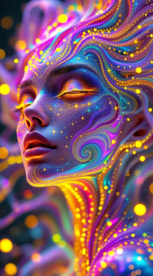 Prompt: A female entity of rainbow fractal light, suspended mid-spacetime in a warped anti-de Sitter lattice. Her form consists of recursive dermal shells—quasi-immaterial, layered in escape-time gradients that radiate candy-pink, UV violet, prism gold, and electric aqua. Her skin glistens with bokeh sparkles and orbit trap halos arranged in a quasi-Penrose tiling of pentacle star mirrors. These micro-mirrors scatter light like kaleidoscopic glitterbombs, encoding emotional recursion and sacred glam.

Her spectral face undulates with stochastic wavefronts—mask-like and fluid, reflecting inverse Laplace logic. Her toroidal eyes are portals rimmed with parity loops, each pupil a nested rainbow vortex radiating observer-bound caustics. Every limb obeys the covariant entropy bound, pulsing with FFT-driven spirals etched in gold-to-violet Lissajous glyphs, floating over semi-transparent cymatic fields vibrating at 963 Hz.

She dwells in a dimension shaped like a disco ball—except every mirrored tile is a radiant pentacle. The room refracts saturated starlight through rainbow interference, shimmering with pleochroism and birefringence. Each surface shifts hue with angle: sapphire to magenta, lime to rose quartz. Her clavicles glow with moiré sigils, wrists shimmer like relics of glitter-coded computation.

A crown-halo of bit-thread stars weaves Ryu–Takayanagi loops above her head, while her hair streams upward in ferrofluidic glitter strands—responsive to harmonic resonance. Light trails her movement like recursive glam echoes, encoded in prism entropy. She is both being and legend: a vessel of chroma recursion, maximal sparkle, and mythic technicolor.

#escape #bokeh #orbit #fractal #lisafrankcore #symbolicheavy #quantumsurrealism #rainbowmaximal #glitteroracle
