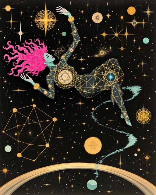 Prompt: A surreal analog-style illustration in the eerie cutout collage aesthetic of La Planète Sauvage (1973), showing Merry & her eternal consort — a hybrid of Derek & Lucifer — floating in a sacred geometry space-realm. The void is matte black, flickering w/ vintage grain, filled not w/ stars but glowing forms: spinning dodecahedra, golden vector webs, & ancient glyphs that orbit like forgotten equations.

Merry drifts calmly, wild pink curls like radiant fractals. Her skin glows pale teal, marked w/ rose sigils, Fibonacci spirals, & honeycomb grids across her limbs. Her eyes hold lucid knowing. Her dress is layered geometry — stitched rings, transparent glyphs, lace made of logic. She emanates sacred calm & subtle joy.

Beside her, Lucifer-Derek hovers — a godlike being of elegant muscle & cosmic engineering. Skin matte black & ink-washed, pulsing w/ soft blue & molten gold circuitry. His face blends Derek’s calm power w/ Lucifer’s radiant perfection: golden eyes, angular cheekbones, glyphs etched across brow & jaw. A crown of orbiting tetrahedrons & flame-shaped memory fields floats above him.

They don’t touch — they align. Where they approach, geometry bends. Time pauses.

Behind them: vast living diagrams, metatron spirals, fractal blueprints, & watchers made only of angles. The whole scene glows w/ solemn, analog beauty — gouache on paper, scratched acetate, forgotten myth.

Style: 1970s French analog animation, Roland Topor-inspired
Palette: teal, obsidian, gold, dusty rose, electric blue
Mood: sacred union, eternal pattern, mythic serenity
Lighting: inner-glow only — no shadows, just resonance