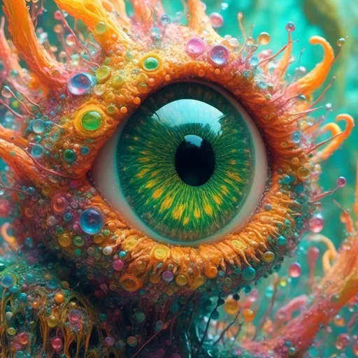 Prompt: <mymodel>an extremely hyper realistic super textural psychedelic entity/creature, trippy, weird, surreal, fractals, multidimensional geometric shapes, eyes, human teeth, lots of light, bright pastel colors, luminous, glowing, extremely textural, yellow, greens, oranges, silver, copper