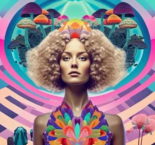 Prompt: a psychedelic collage reminiscent of 70s psychedelic sci fi collage artwork celebrating a girl on mushrooms. It is to feature a photograph of a woman with blond curly hair that is edited by splicing it with other images from photographs, magazines, newspapers, illustrations/paintings to create the impression she is high on magic mushrooms. The work will include such elements as a psychedelic 3rd eye open, stars and planets, trippy optical illusions and patterns, psilocybin cubensis mushrooms, fractals, UFOs, aliens, geometric shapes, auras, rainbow spectrums, sacred geometry, trippy drippy stuff, psychedelic hallucinations, open eyes, landscapes of astral worlds<mymodel>