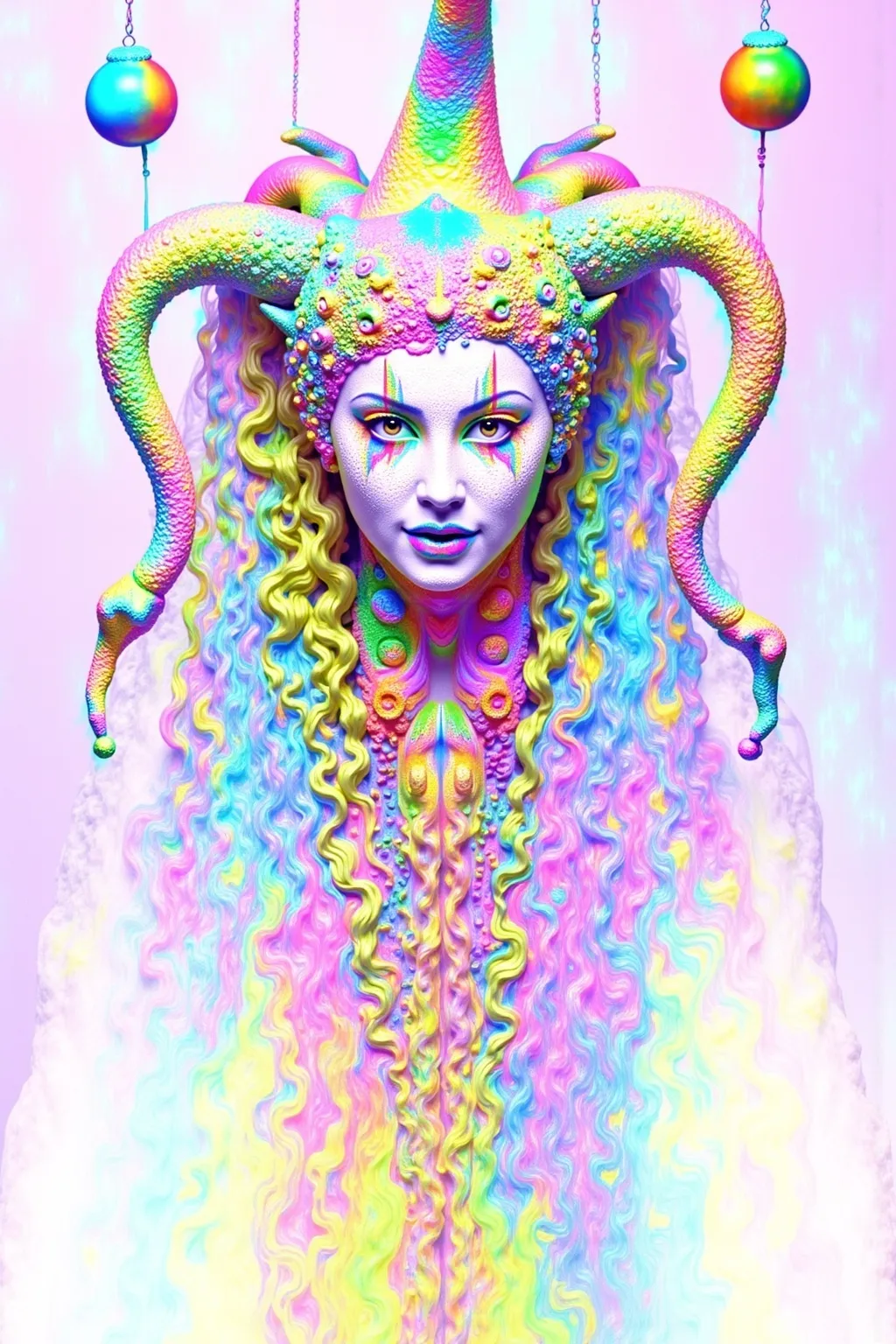 Prompt: A super hyperrealistic yet also illustrative and creative female cosmic jester, made entirely of swirling pure colored light, with long wild curly hair that appears blond but is a dazzling spectrum of hues. She is adorned in beautiful avant-garde "astral" jester's attire, complete with intricate harlequin clown makeup and a HUGELY OVERSTATED jester's hat that twists and bends into impossible, otherworldly shapes. Her hat sparkles with iridescent gems and glowing cosmic patterns, radiating a surreal, trippy energy. Her ensemble includes exquisite, shimmering accoutrements like glowing ribbons of stardust, cascading light veils, and crystalline bells that chime with the sound of distant galaxies. She sparkles, shines, and dazzles in a mesmerizing swirl of ever-changing colors, embodying the essence of cosmic whimsy and wonder. She stands on a floating, kaleidoscopic fractal platform that endlessly morphs and twists through the void of the astral realms. Behind her, a shimmering nebula of liquid rainbow light swirls and pulses, while shimmering comets streak across the scene. The cosmic jester juggles glowing orbs of quantum energy, each orb containing miniature universes that spin and glimmer with infinite possibilities. Her laughter echoes like a symphony of stars, and her every movement leaves trails of dazzling light that ripple like water across the fabric of space-time. The entire scene is awash with iridescent fractal spirals, the platform morphing with Mandelbrot set fractals, while liquid rainbow nebulae and glowing stardust create an atmosphere of pure astral magic.