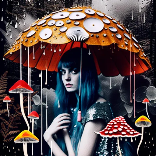Prompt: <mymodel>Mixed media collage of a fungus fairy girl in the rain, mushroom umbrella, black and white and color photography, paint, glitter, sequins, metal, magazines, glass, unique textures, ethereal atmosphere, high quality, whimsical, surreal, fairy, mushroom umbrella, mixed media, collage, fungus girl, rain, unique textures, ethereal, surreal, magical, detailed wings, sparkling details