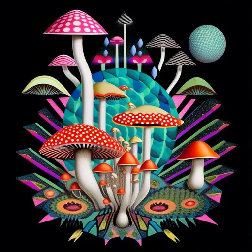 Prompt: a surreal trippy psychedelic  mixed media collage evoking the feel of vintage trippy surreal multimedia collages. It will feature mushrooms/fungus, psychedelic eyes, etc & be set amongst trippy psychedelic patterns/optical illusions,, geometric shapes and will include mediums such as photography, printmaking, painting, illustration, paper cutting, paper folding, glitter, silver foil/enamel, rhinestones, sequins, thread/string and anything else<mymodel>