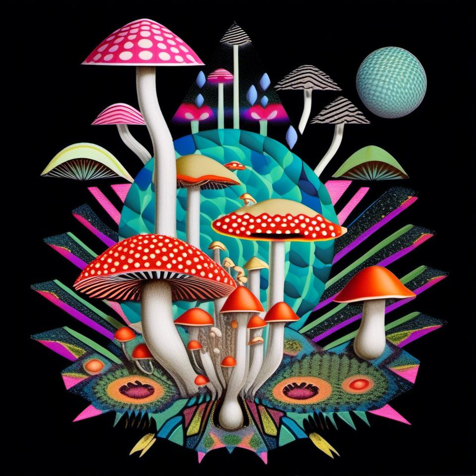 Prompt: a surreal trippy psychedelic  mixed media collage evoking the feel of vintage trippy surreal multimedia collages. It will feature mushrooms/fungus, psychedelic eyes, etc & be set amongst trippy psychedelic patterns/optical illusions,, geometric shapes and will include mediums such as photography, printmaking, painting, illustration, paper cutting, paper folding, glitter, silver foil/enamel, rhinestones, sequins, thread/string and anything else<mymodel>