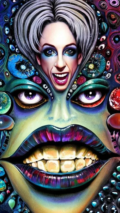 Prompt: an extremely hyper realistic ultra super textural weird trippy surreal psychedelic pattern, psychedelic human mouths, lips, rows of mouths, Diophantine Spirals, translucent, charcoal black black, blown glass, pearlescent finish, inlaid opal, glittering crystal accents, silver, pyrite, quartz,, chrome, bright vivid teals, blues, pinks/yellows/greens,purples,  lots and lots of light, lots of crazy colorful compound psychedelic human eyes, rows of human teeth, human lips, tongues, fungus,  atoms, diatoms, diatomic, algae, bryozoans, Diophantine Spirals, extreme high definition organic and mineral textures