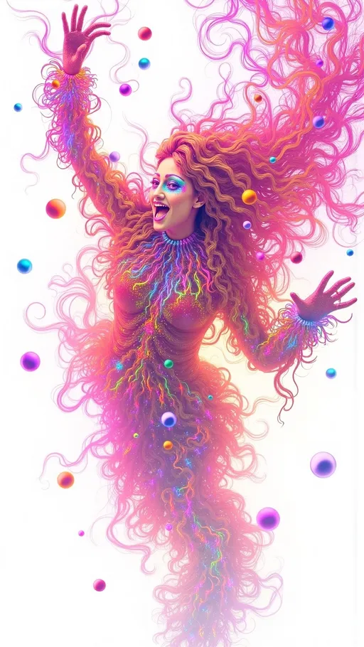 Prompt: A super hyperrealistic yet also illustrative and creative female cosmic jester, made entirely of swirling pure colored light, with long wild curly hair that appears blond but dazzles in a kaleidoscope of hues. She is adorned in avant-garde "astral" jester attire, with intricate clown makeup and a radiant jester's hat. She floats upside down, juggling orbs of liquid starlight that pulse and shimmer with each toss, her laughter echoing like celestial chimes. Around her, a nebula unfurls like a living tapestry, its vibrant blues, greens, and golds twisting into fractal shapes. Streams of glowing cosmic threads weave through the scene, connecting the orbs in dazzling patterns. **Pattern Tiling**: Tessellated Stars. **Quantum**: Quantum Flux. **Math Function**: Sine Waves. **Astral Stuff**: Cosmic Threads, Stellar Winds, Photon Glows. A surreal, psychedelic moment of cosmic playfulness and infinite wonder.