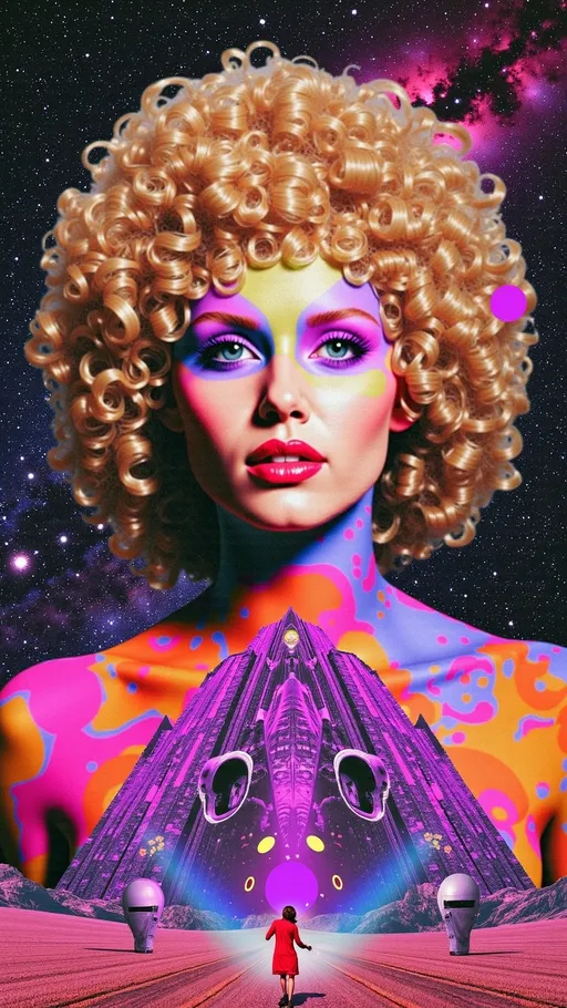 Prompt: **Prompt:**  
A divine DMT entity in the form of a beautiful Caucasian woman, her wild, curly blond hair transformed into glowing, multidimensional tendrils of liquid light, flowing endlessly into the fractal infinity of hyperspace. Her body shimmers like a crystalline hologram, constantly shifting between forms—part human, part machine, part alien architecture. Her skin is adorned with intricate, bioluminescent patterns of sacred geometry, pulsating with the colors of the ultraviolet spectrum: neon pinks, radiant purples, and electric blues. Her eyes are vast, otherworldly portals, reflecting the infinite realms of the DMT hyperspace—swirling vortexes of kaleidoscopic energy and impossible landscapes. The background is alive with hyper-organic structures: cathedral-like domes made of living light, pulsating with a rhythm that feels both ancient and futuristic. Alien glyphs and symbols float in the air, as if communicating with her and the viewer telepathically. The entire scene radiates an overwhelming sense of awe, mystery, and transcendence, as though she is the guardian of the ultimate cosmic truth.

