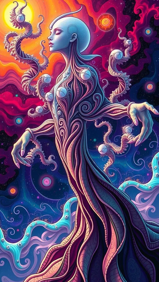 Prompt: A strange surreal beautiful flowing lithe interdimensional psychedelic entity/creature, made of fractal geometry, existing in many dimensions simultaneously, melting from one dimension to the next, phasing in and out of reality, inter dimensional fractal geometry come to life, psychedelic, trippy, weird, but beautiful, 