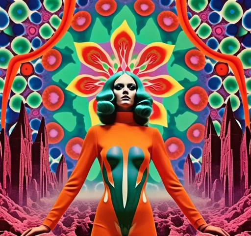 Prompt: a vintage surreal 70s psychedelic collage with the theme of hell, the fires of hell, the devil, and a succubus clothed in smoke fire and latex dancing. Utilize photography and art, trippy psychedelic patterns/optical illusions, orbs, flames, surreal hellish landscapes and geometry with a vintage 70s art house science fiction feel to this cut and paste surreal trippy collage <mymodel> 