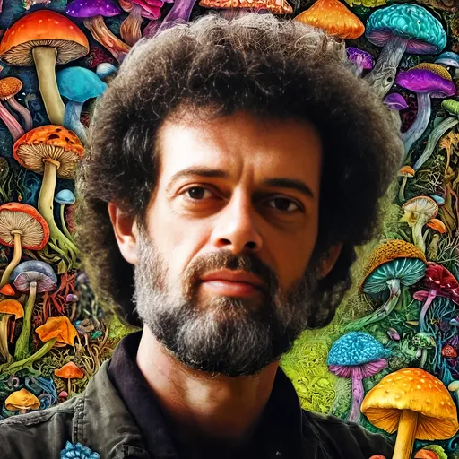 Prompt: Psychedelic poster art illustration of Terence McKenna with brain and psychedelic mushrooms, vibrant and surreal, high detailed, mixed media, trippy color palette, surreal lighting, detailed facial features, psychedelic, surreal, vibrant colors, detailed mushrooms, intricate brain, poster art, high quality, detailed illustration, mixed media, intense and surreal lighting