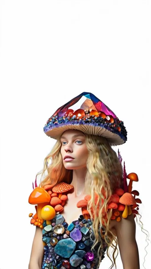 Prompt: <mymodel>Woman with long blond curly hair and mushrooms made of precious gemstones, fungal clothes encrusted with sparkling crystals, high-quality, magical realism, vibrant colors, detailed facial features, natural lighting