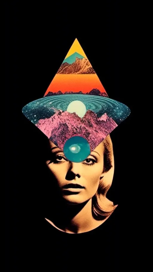 Prompt: <mymodel>Psychedelic trippy collage with a surreal vintage 70s sci-fi feel, vibrant colors, retro futuristic elements, surreal landscapes, detailed psychedelic patterns, high quality, vintage sci-fi, mixed with photograph of a woman with blond curly hair, geometric shape and optical illusions, vibrant colors, surreal, detailed patterns, trippy, collage, 70s, retro futuristic, eyes, surreal landscapes, detailed, atmospheric lighting