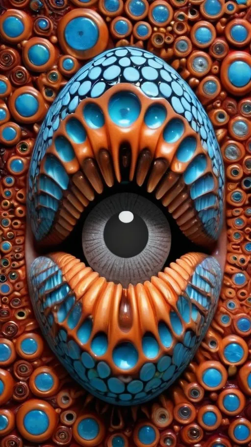 Prompt: Create an extremely hyper-realistic, ultra super textural, weird, trippy, surreal, psychedelic eyes/teeth/mouth pattern/design based on Triskelion & “Op Art tiling” with lots of human eyes (crazy colorful compound psychedelic), rows of human teeth, human lips, and tongues. 

- **Colors**: determined by the properties and expressions of the elements (& their isotopes), minerals, and metals: copper (Cu), “Fusarium verticillioides”, Hematite, Crocoite, Trichroism

**Shapes and forms**
- Triskelion 
- "Op Art tiling" 
-other shapes determined by the natural properties and expressions of the elements (& their isotopes), minerals, metals, and biological organisms: diatoms, Copper (Cu), Hematite, Crocoite


- **Textures**: Derived from any/all elements (& their isotopes), minerals, metals, crystals, organic things mentioned in this prompt: Copper (Cu), “diatoms”, Hematite, Crocoite

**Composition and Layout**:
- a pattern/design based on the Op Art tiling & Triskelion 

**Lighting**:
- Trichroism
- Aventurescence
- Chatoyancy
- Asterism

**Detail and Atmosphere**:
- Extreme hyperrealistic sharp high detail high definition organic and mineral textures
- Psychedelic, weird, odd, surreal atmosphere
- Frozen in time

**Additional Elements**:
- extra rows of teeth, lips, many eyes, diatoms, Op Art tiling, Triskelion, Aventurescence, Chatoyancy
