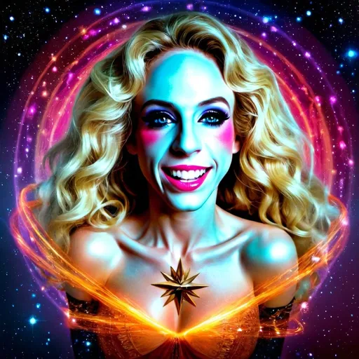 Prompt: 
A radiant, otherworldly female figure with long, wild, curly blonde hair that flows like liquid gold, glowing and shimmering as if infused with cosmic starlight. Her hair stretches outward, intertwining with the fabric of spacetime, forming glowing **quantum threads** that ripple with vibrant hues of neon pink, electric blue, and fiery orange. She stands on a floating platform of swirling **quark-gluon plasma**, the liquid fire reflecting her radiant energy. Her eyes are galaxies, swirling with infinite stars and glowing with a mischievous, playful light. Surrounding her are **photon spheres**—orbs of trapped light that orbit her like celestial companions, each one pulsing with shifting colors and intricate, fractal patterns. Her dress is made of **dark energy**, a flowing, iridescent material that shifts and shimmers, blending metallic greens, purples, and silvers. Above her, the sky is an endless expanse of glowing **gravitational waves**, bending and distorting light in hypnotic, kaleidoscopic patterns. Behind her, a towering **white hole** erupts, casting radiant beams of creation into the scene, while glowing **cosmic strings** stretch across the background, connecting distant dimensions. The entire composition is vibrant, surreal, and playful, with a focus on intricate textures, glowing details, and an ethereal, psychedelic vibe.
````