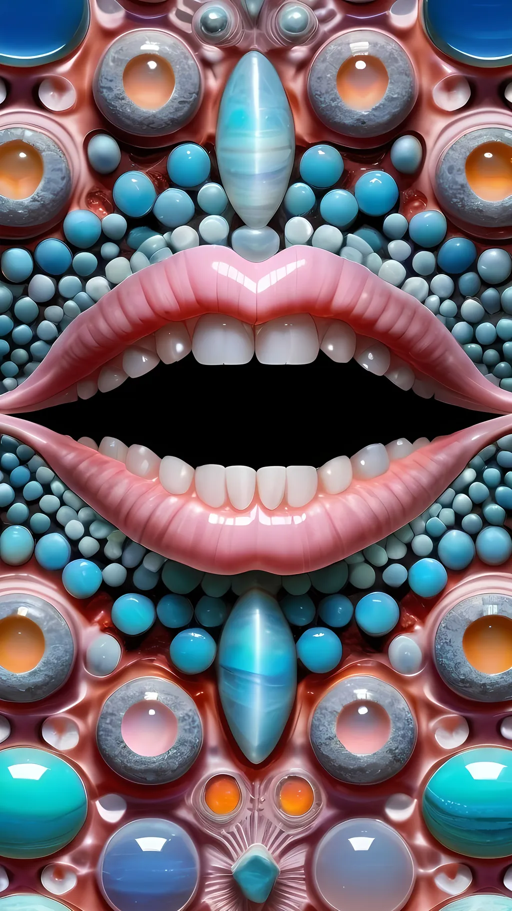 Prompt: Create an extremely hyper-realistic, ultra super textural, weird, trippy, surreal, psychedelic eyes/teeth/mouth pattern/design based on Mandelbrot & “Op Art tiling” with lots of human eyes (crazy colorful compound psychedelic), rows of human teeth, human lips, and tongues. 

- **Colors**: determined by the properties and expressions of the elements (& their isotopes), minerals, and metals: opal, moonstone, Kunzite, selenite, rose quartz, Palladium (Pd), “Fusarium verticillioides”

**Shapes and forms**
- Mandelbrot 
- "Op Art tiling" 
-other shapes determined by the natural properties and expressions of the elements (& their isotopes), minerals, metals, and biological organisms: opal, moonstone, Kunzite, selenite, rose quartz,  Palladium (Pd), “Fusarium verticillioides”


- **Textures**: Derived from any/all elements (& their isotopes), minerals, metals, crystals, organic things mentioned in this prompt: opal, moonstone, Kunzite, selenite, rose quartz, Palladium (Pd), “Fusarium verticillioides”

**Composition and Layout**:
- a pattern/design based on the Op Art tiling & Mandelbrot 

**Lighting**:
- lots of bright light
- Iridescence
- Aventurescence
- Chatoyancy
- Asterism

**Detail and Atmosphere**:
- Extreme hyperrealistic sharp high detail high definition organic and mineral textures
- Psychedelic, weird, odd, surreal atmosphere
- Frozen in time

**Additional Elements**:
- extra rows of teeth, lips, many eyes, Op Art tiling, Mandelbrot, Iridescence, Aventurescence, Chatoyancy
