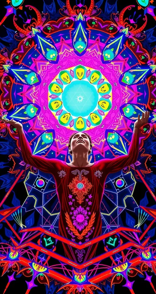 Prompt: Human experiencing ego death, dmt realm, human experiencing DMT, dmt entity, psychedelic DMT hallucinations, breakthrough, Gotcha! Here you go: kaleidoscopic, fractals, geometric patterns, neon colors, iridescent hues, sacred geometry, mandalas, entities, hyperspace, cosmic artistry, telepathic communication, vibrant, swirling, morphing, hyper-real, alternate dimension, intricate designs, visual symphony, ethereal, transcendent, otherworldly, luminous, shimmering, pulsating, infinite, timeless, interconnected, energetic, mystical, surreal, profound, mind-bending, celestial, astral, vivid, intense, immersive, expansive, transformative, euphoric, visionary, enchanted, dreamlike, awe-inspiring.