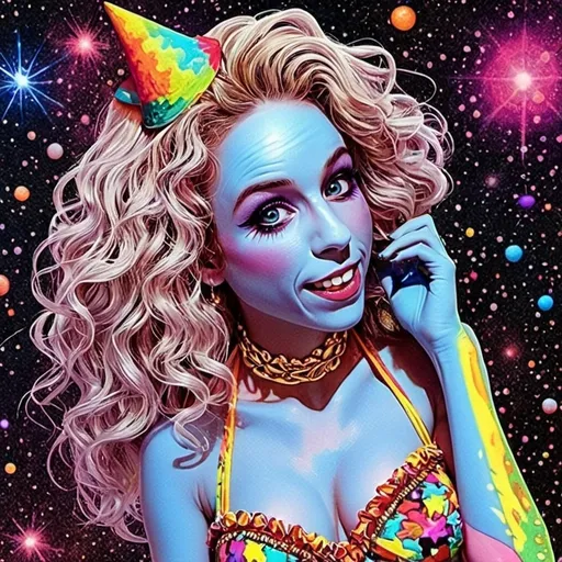 Prompt: A super hyperrealistic yet also illustrative and creative female cosmic jester, made entirely of swirling pure colored light, with long wild curly hair that appears blond but is a dazzling spectrum of hues. She is adorned in beautiful avant-garde "astral" jester's attire, complete with intricate harlequin clown makeup and a HUGELY OVERSTATED jester's hat that twists and bends into impossible, otherworldly shapes. Her hat sparkles with iridescent gems and glowing cosmic patterns, radiating a surreal, trippy energy. Her ensemble includes exquisite, shimmering accoutrements like glowing ribbons of stardust, cascading light veils, and crystalline bells that chime with the sound of distant galaxies. She sparkles, shines, and dazzles in a mesmerizing swirl of ever-changing colors, embodying the essence of cosmic whimsy and wonder. She stands on a floating, kaleidoscopic fractal platform that endlessly morphs and twists through the void of the astral realms. Behind her, a shimmering nebula of liquid rainbow light swirls and pulses, while shimmering comets streak across the scene. The cosmic jester juggles glowing orbs of quantum energy, each orb containing miniature universes that spin and glimmer with infinite possibilities. Her laughter echoes like a symphony of stars, and her every movement leaves trails of dazzling light that ripple like water across the fabric of space-time. The entire scene is awash with iridescent fractal spirals, the platform morphing with Mandelbrot set fractals, while liquid rainbow nebulae and glowing stardust create an atmosphere of pure astral magic.