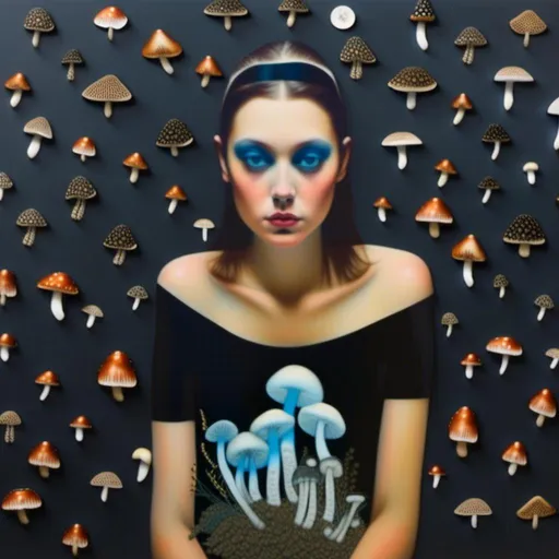 Prompt: a mixed media collage of a girl wearing or growing mushrooms/fungus as clothing body parts and accessories. She is a black and white or halftone photograph, the mushrooms and fungal growths are to be mixed media, including but not limited to paint, enamel, foils, glitter, sparkle, sequins, found objects, natural items, rhinestones etc <mymodel>