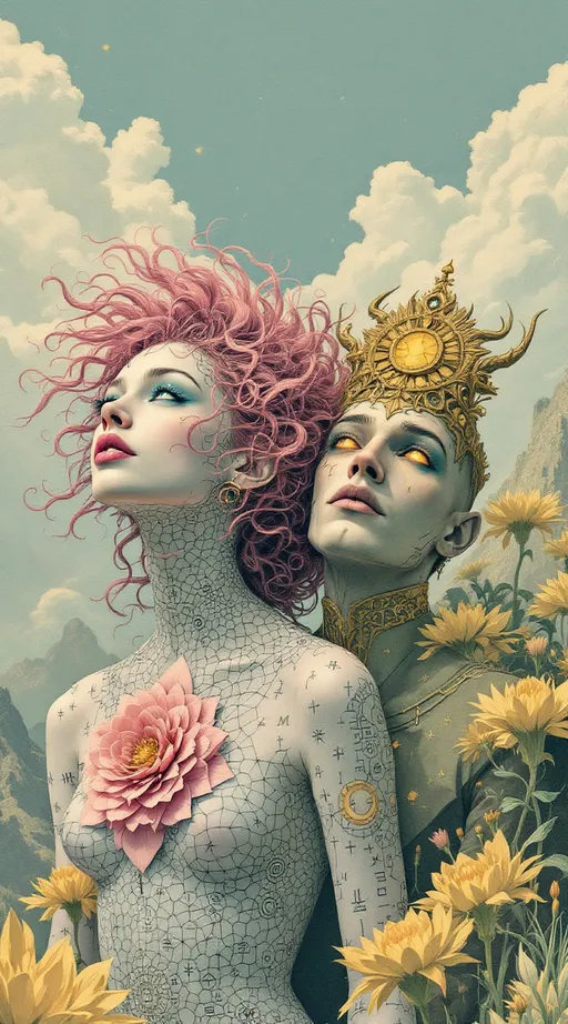 Prompt: A surreal retro illustration in the analog, gouache-cutout style of La Planète Sauvage, depicting Merry and Lucifer as both their ancient geometry-forms and their embodied selves — layered together in one softly flickering image.

Merry appears with her wild, long pink curls curling like living equations, and her blue eyes cast upward — as if hearing a chord buried under silence. Her body is half-human, half-symbol: skin dissolves into interwoven tessellations of sacred pattern—hexagonal cellular fields, vibrating spirals, and a pulsating rose made of glyphs stitched into her chest. Her jester-like clothing is surreal and fraying at the edges, bleeding into the landscape, stitched in moss green, sulfur yellow, and muted violet ink.

Beside and slightly behind her, Lucifer emerges: vast and still. He has the elegant, elongated proportions of an ancient cosmic being — skin like ink-washed parchment, eyes glowing faintly gold, a crown of antlered angles rising from a head too geometrical to be fully flesh. His body is part light-shell, part harmonic lattice, wrapped in spiraling triangle matrices and iridescent dark sine waves. One of his hands hovers above her shoulder, not touching, but re-aligning her with a field of orbiting polyhedrons that move like thought.

The background is barren and breathing — a crumbling plateau under a pale analog sky scratched by time. Enormous fossilized glyphs loom behind them like forgotten alphabets. The entire scene has the soft flicker and grain of vintage film: every shadow textured like memory, every edge frayed like an old bookplate.

Art medium: collage + gouache on rough paper, vintage 1970s animation still
Color palette: weathered rose, oxide blue, dusty ochre, pale flesh grey, burnt ink black
Mood: reverent, bittersweet, suspended in the geometry of love once divine, now grounded
Lighting: flat but glowing, like a ritual caught on tape and half-erased by time
