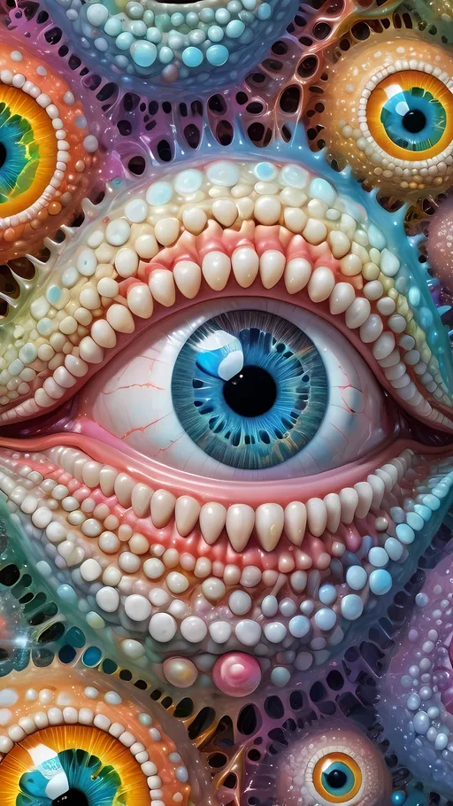 Prompt: an extremely hyper realistic ultra super textural weird trippy surreal psychedelic entity, Diophantus spiral, white, translucent, clear, bright bright pastel colors, oil slick rainbow sheen effect, lots and lots of light, lots of crazy colorful compound psychedelic human eyes, rows of human teeth, fungus, atoms, diatoms, diophantine spirals