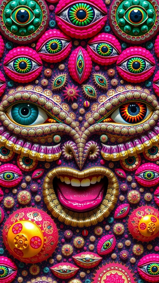 Prompt: an extremely hyper realistic ultra super textural weird trippy surreal psychedelic pattern, op art tiling, silver, pyrite, quartz,, flourite, apatite, bright vivid pinks, greens, yellows,blues,  lots and lots of light, lots of crazy colorful compound psychedelic human eyes, rows of human teeth, human lips, tongues, lithops, succulent, quantum strings, algae, bryozoans,  Bose-Einstein Condensate, extreme high definition organic and mineral textures