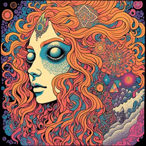 Prompt: <mymodel>Psychedelic illustration of a girl with long blond curly hair, third eye with rainbow aura, chakras, crystals, sacred geometry, fractals, detailed and vibrant, highres, psychedelic, mystical, colorful, detailed hair, open third eye, vibrant colors, sacred symbols, detailed crystals, surreal lighting