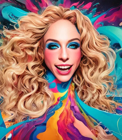 Prompt: Crashing psychedelic ocean-like breaking waves of fractals and multidimensional geometric shapes, psychedelic hallucination, woman with long blond curly hair, vibrant colors, high-contrast, surreal, abstract, 4k, vivid, surreal artstyle, vibrant tones, futuristic lighting, flowing hair