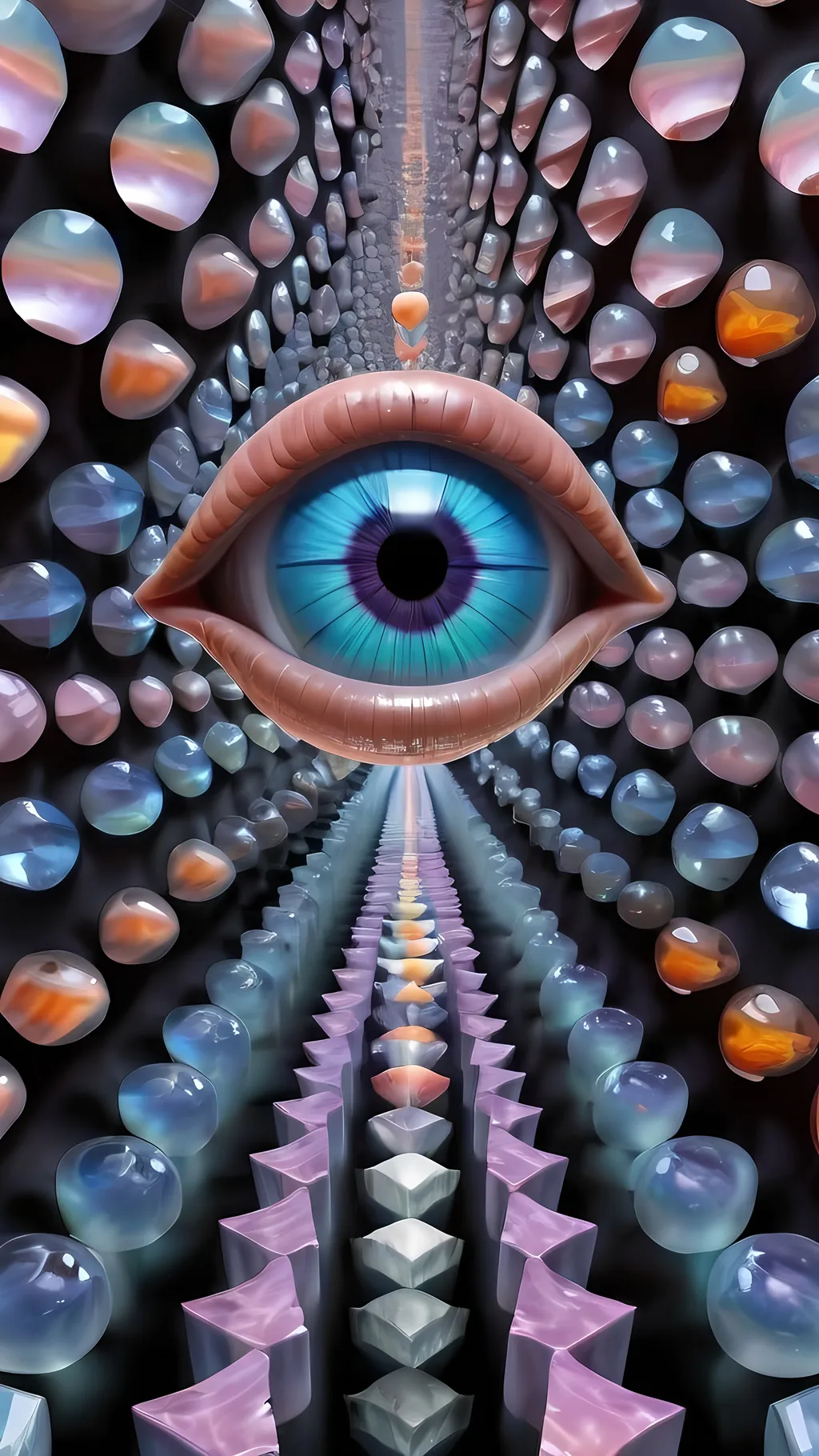 Prompt: Create an extremely hyper-realistic, ultra super textural, weird, trippy, surreal, psychedelic eyes/teeth/mouth pattern/design based on Mandelbrot & “Op Art tiling” with lots of human eyes (crazy colorful compound psychedelic), rows of human teeth, human lips, and tongues. 

- **Colors**: determined by the properties and expressions of the elements (& their isotopes), minerals, and metals: Helium (He), opal, moonstone, Kunzite, Fluorite, selenite, rose quartz, Palladium (Pd), “Fusarium verticillioides”

**Shapes and forms**
- Mandelbrot 
- "Op Art tiling" 
-other shapes determined by the natural properties and expressions of the elements (& their isotopes), minerals, metals, and biological organisms: Helium (He), opal, moonstone, Kunzite,  Fluorite, selenite, rose quartz,  Palladium (Pd), “Fusarium verticillioides”


- **Textures**: Derived from any/all elements (& their isotopes), minerals, metals, crystals, organic things mentioned in this prompt: Helium (He), opal, moonstone, Kunzite, Fluorite,  selenite, rose quartz, Palladium (Pd), “Fusarium verticillioides”

**Composition and Layout**:
- a pattern/design based on the Op Art tiling & Mandelbrot 

**Lighting**:
- lots of bright light
- Iridescence
- Aventurescence
- Chatoyancy
- Asterism

**Detail and Atmosphere**:
- Extreme hyperrealistic sharp high detail high definition organic and mineral textures
- Psychedelic, weird, odd, surreal atmosphere
- Frozen in time

**Additional Elements**:
- extra rows of teeth, lips, many eyes, Op Art tiling, Mandelbrot, Iridescence, Aventurescence, Chatoyancy
