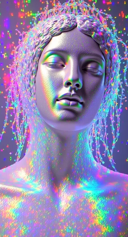 Prompt: <mymodel>beautiful female sentient rainbow entity with silver, opalescent, iridescent, bismuth crystals, rainbow oil slick sheen effect, white, translucent, bright pastel colors, lots of light,