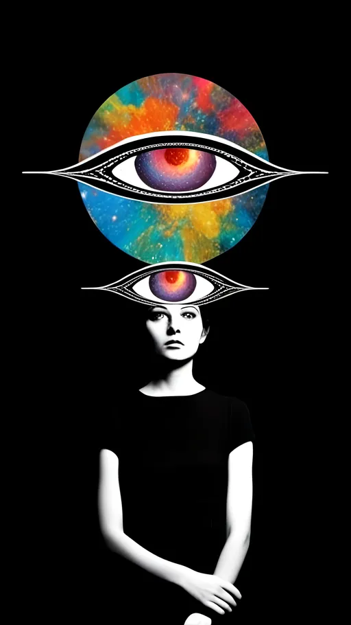 Prompt: <mymodel>Psychedelic collage of a woman, spliced and edited with psychedelic planets, cats, and UFOs, a psychedelic open third eye, incorporating paint, enamel, and found objects, black and white optical illusions, high quality, surreal, vibrant colors, trippy, psychedelic, detailed collage, cosmic theme, colorful lighting surreal collage