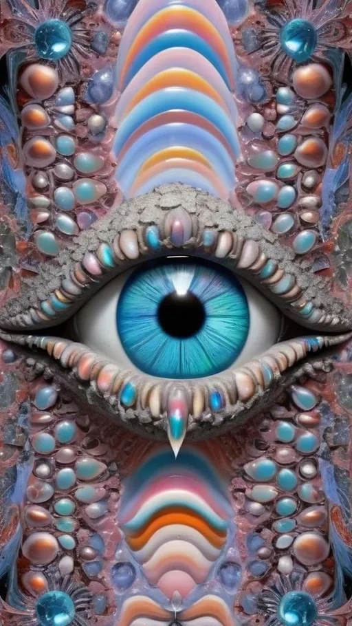 Prompt: Create an extremely hyper-realistic, ultra super textural, weird, trippy, surreal, psychedelic eyes/teeth/mouth pattern/design based on Mandelbrot & “Op Art tiling” with lots of human eyes (crazy colorful compound psychedelic), rows of human teeth, human lips, and tongues. 

- **Colors**: determined by the properties and expressions of the elements (& their isotopes), minerals, and metals: opal, moonstone, Kunzite, selenite, rose quartz, Platinum (Pt)

**Shapes and forms**
- Mandelbrot 
- "Op Art tiling" 
-other shapes determined by the natural properties and expressions of the elements (& their isotopes), minerals, metals, and biological organisms: opal, moonstone, Kunzite, selenite, rose quartz,  Platinum (Pt)


- **Textures**: Derived from any/all elements (& their isotopes), minerals, metals, crystals, organic things mentioned in this prompt: opal, moonstone, Kunzite, selenite, rose quartz, Platinum (Pt)

**Composition and Layout**:
- a pattern/design based on the Op Art tiling & Mandelbrot 

**Lighting**:
- lots of bright light
- Iridescence
- Aventurescence
- Chatoyancy
- Asterism

**Detail and Atmosphere**:
- Extreme hyperrealistic sharp high detail high definition organic and mineral textures
- Psychedelic, weird, odd, surreal atmosphere
- Frozen in time

**Additional Elements**:
- extra rows of teeth, lips, many eyes, Op Art tiling, Mandelbrot, Iridescence
