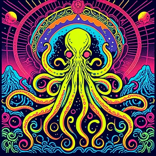 Prompt: <mymodel>Vintage blacklight poster of Cthulhu, tentacles, lovecraftian, eldritch, 70s style, tribal design, psychedelic colors, intricate tentacles, cosmic background, high quality, detailed illustration, blacklight style, 70s vintage, cosmic, intricate details, vibrant colors, psychedelic, tribal design, retro, atmospheric lighting