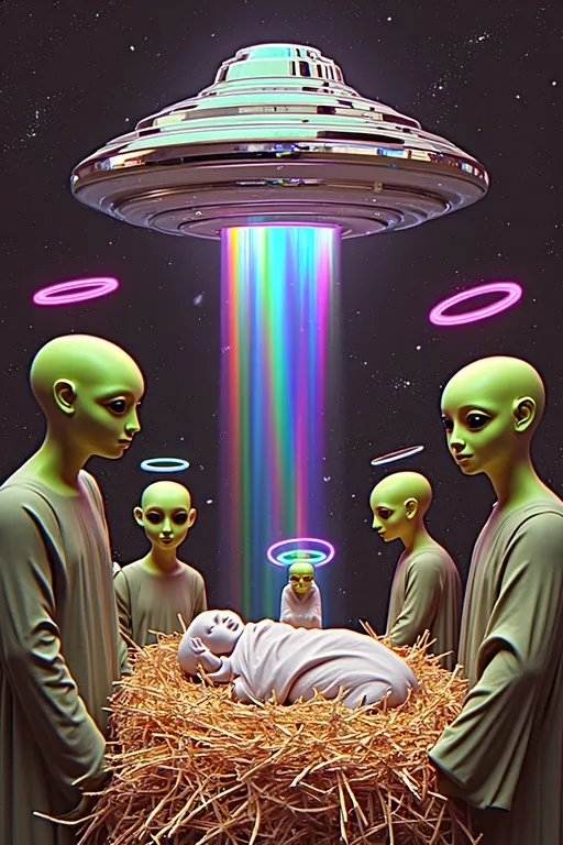 Prompt: Create an artwork that reimagines a classic Renaissance nativity scene with a futuristic twist. At the center, depict a happy, chubby, smiling green alien baby with a bald conical-shaped head and large, solid black almond-shaped eyes.the baby lays in a manger lined with hay. This alien baby is swaddled in futuristic holographic cloth, with a halo made of advanced alien technology. Surrounding the baby are angelic figures, also green-skinned aliens with conical bald heads and large black almond eyes, each adorned with their own alien tech halos. The scene is illuminated by a large holographic and silver UFO hovering above, casting beams of colorful light that illuminate the setting. Blend traditional Renaissance and Baroque elements with futuristic, glitchy aesthetics to create a unique and otherworldly atmosphere.

---

Feel free to tweak it as needed!