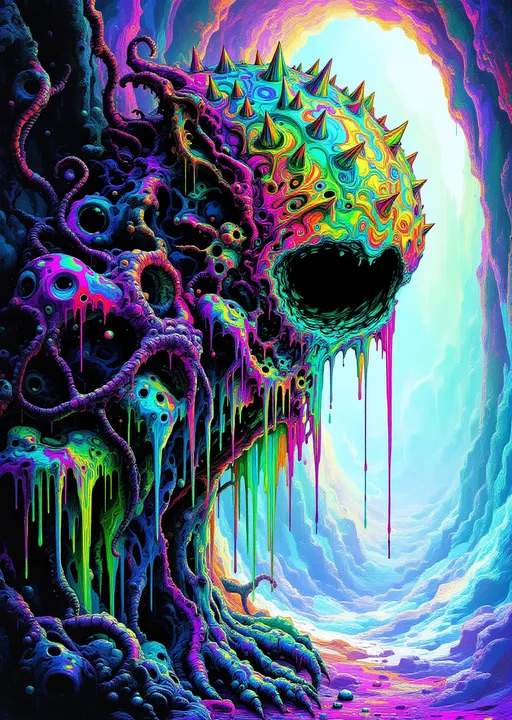 Prompt: **Prompt:**

A disturbing, non-Euclidean alien horror entity formed from dripping, iridescent rainbow slime and glitching fractal membranes—its surface shifts with psychedelic interference patterns, thin-film iridescence, and recursive Mandelbrot textures. The creature stands in a warped dimensional plane where geometry folds in on itself—arches melt into holes that bloom into impossible topologies. Its hollow, spiked head resembles a cross between a coral skeleton and a hyperbolic shell, with gaping voids that defy light.

The colors are saturated, chaotic, and dissonant—neon purples, chromatic greens, toxic pinks, and blacklight blues swirl together in oily holographic trails. Every surface oozes refracted geometry like a living diffraction grating.

Surrounding the creature is a surreal, shifting landscape of looped architecture made of tangled optical illusions—Escherian columns twist sideways, shadows fall in the wrong direction, and perspective breaks at every turn. The atmosphere is soaked in radioactive haze.

Style: a fusion of **psychedelic glitch horror**, **La Planète Sauvage** analog ink style, and **ultra hyperrealistic fractal render**. Medium: digital painting. Lighting: ambient glow from within the creature, casting living shadows. Mood: profoundly unsettling, hypnotically beautiful, alien beyond comprehension.
